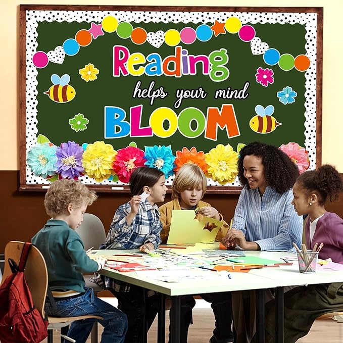 Reading Flower Bulletin Board Decorations with 3D Tissue Paper Flowers Back to School Spring Floral Reading Helps Your Mind Bloom Classroom Decor Bulletin Board Border Cutouts Set School Supplies