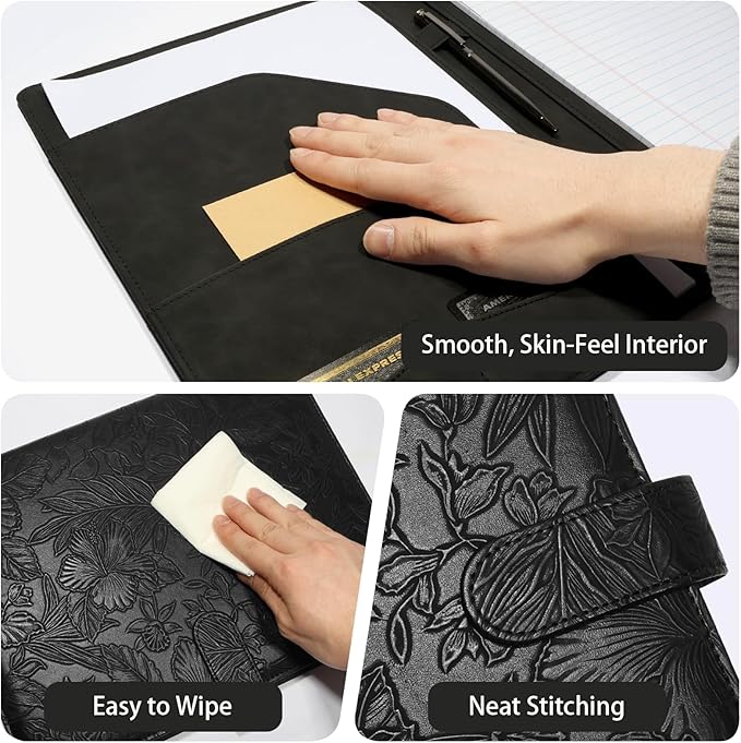 Professional Padfolio Portfolio Binder, Textured Embossing Faux Leather Folder Organizer for Letter Size Legal Pad Notepad Resume, Card Holder for Women Men Business Office Conference (Black)
