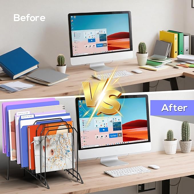 Gawerk Incline Metal Desk Magazine Folder Holder, Sorter Desk File Organizer with 8-Section Vertical Compartments Rack File Organizer for Office, Home, School (4 Pack)