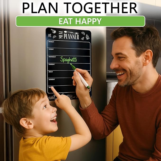 Weekly Dinner Menu Board for Kitchen A4-8.5x12 Black Magnetic Weekly Meal Planner for Fridge Dry Erase Weekly Menu Boards Magnetic Menu for Refrigerator Food Menu Boards Week Chalkboard Menu Board