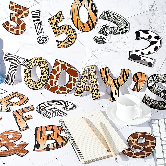 40 Sheets Safari Animal Prints Letters Cutout 4.8 Inch Jungle Bulletin Board Letters and Number Accents with Glue Point Dots for Classroom Baby Shower Safari Jungle Birthday Party Decors