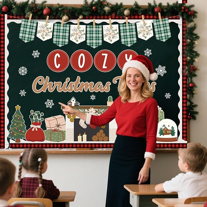 Christmas Fireplace Bulletin Board Set Cozy Christmas Vibes Classroom Decorations Colorful Banner Snowflakes Xmas Tree Gifts Snow Globe Cutouts with Buffalo Plaid Borders for Holiday Display