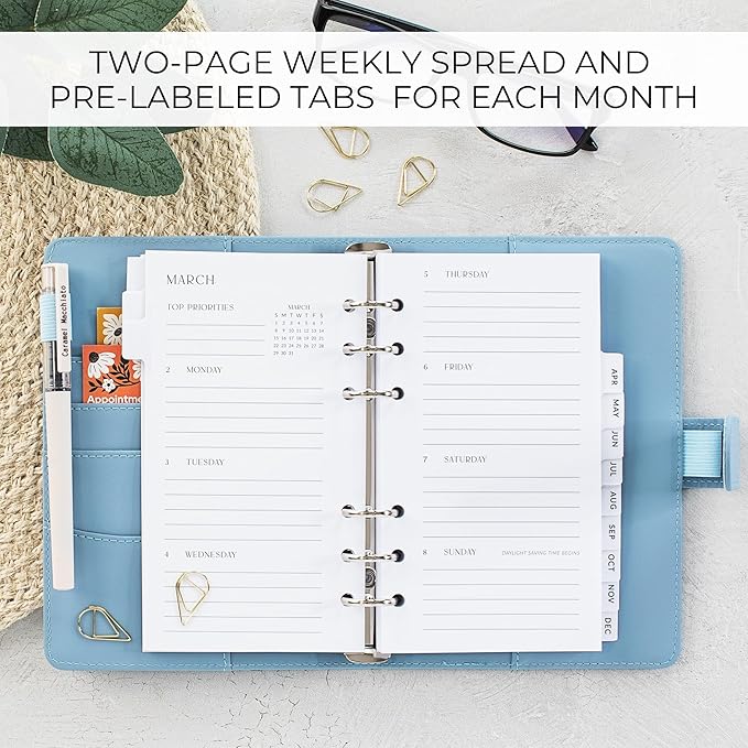 Beautiful 2026 Daily Planner Inserts for 6 Ring Binders - Durable Paper Refill Set 3.75" x 6.75" Personal Planner Size - Incl. Tabs & Monthly Calendar Spreads - From January 2026 - December 2026