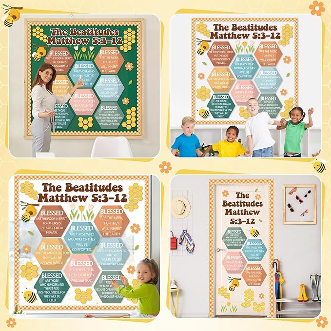 QOUBAI Christian Bulletin Board Decoration The Beatitudes Matthew 5:3-12 Classroom Decoration Motivational Bible Verse Poster Paper Cutouts for Back to School Sunday School Church Parish Decor（Groovy）