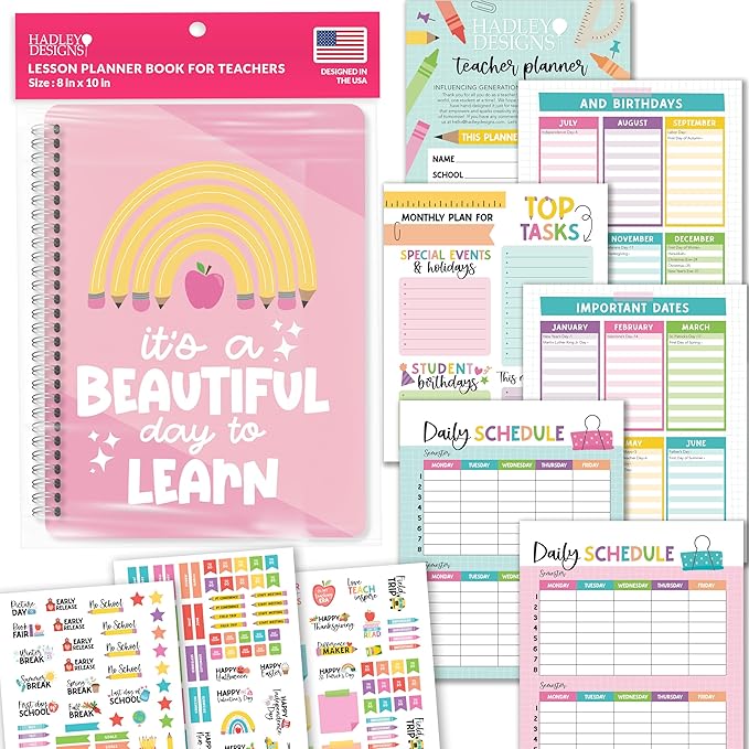 Hadley Designs Teacher Planner 2025-2026 – Lesson Planner Book for Teachers Must Haves, Undated Teacher Planners, Lesson Plan Notebook, Homeschooling Planners, Teachers Appreciation Gifts