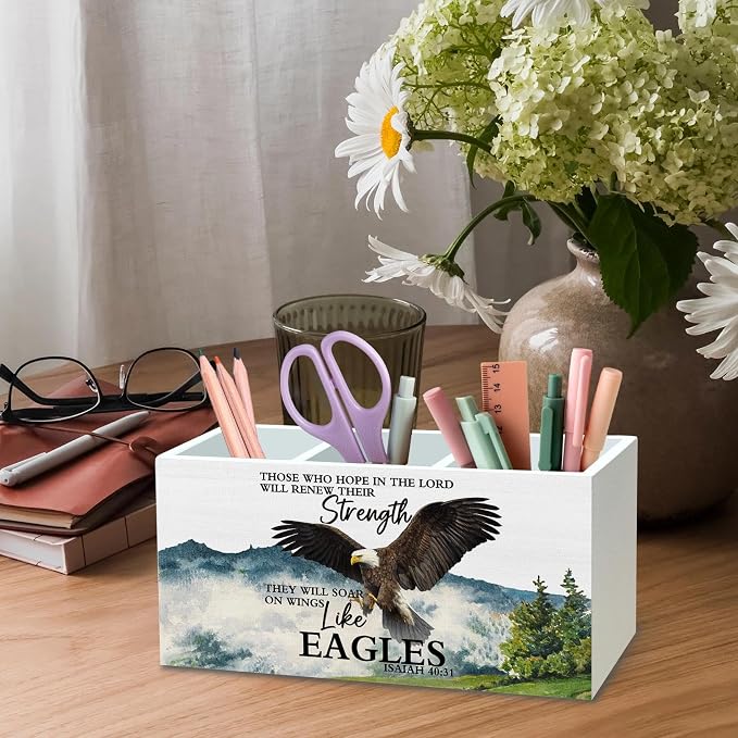DILSJ Christian Inspirational Eagle Pen Pencil Holder Organizer for Desk, Inspirational Gifts for Women, Bible Verse Eagle Wooden Box Signs for Home Office Desk Tabletop Decoration