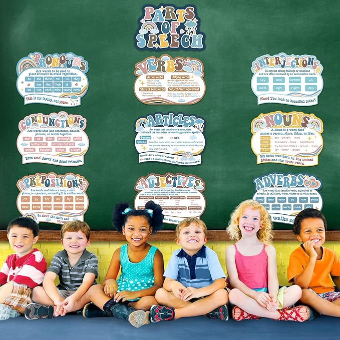 QOUBAI 10Pcs Boho Parts of Speech Posters for Classroom Decorations Rainbow English Grammar Chart Language Arts Bulletin Board Decor for Teachers Elementary Middle School Home Educational Supplies