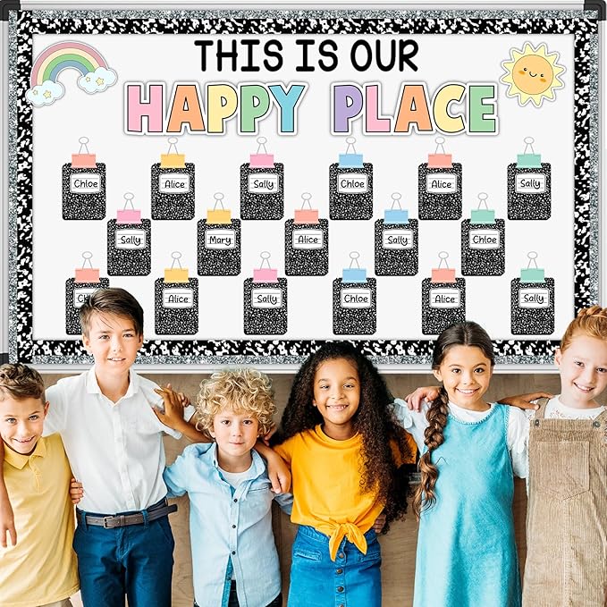 Composition Bulletin Board Decorations Set Welcome Back to School Classroom Decoration This is Our Happy Place Bulletin Board Rainbow Paper Cutouts for School Classroom Chalkboard Wall Decor Supplies