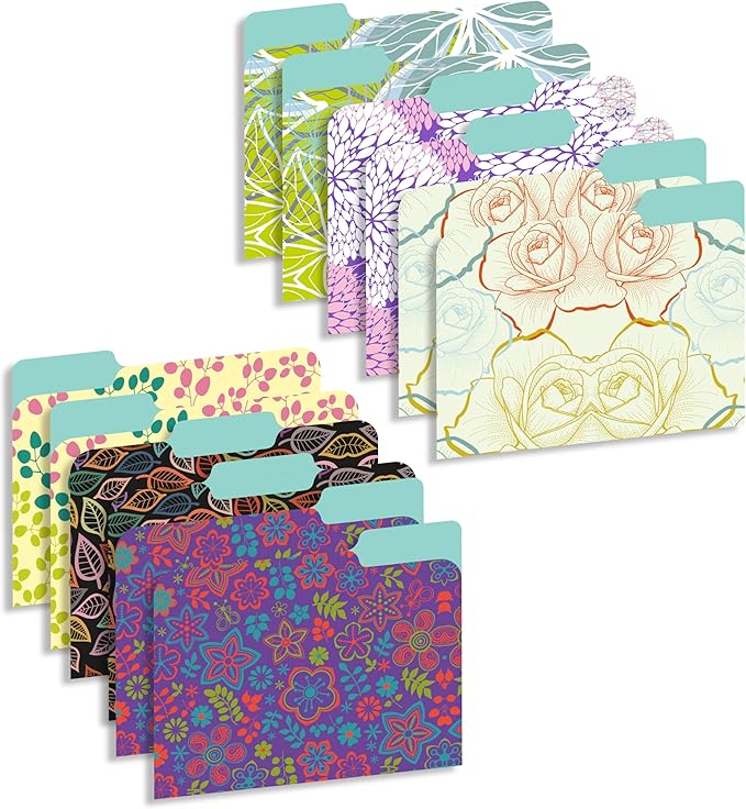New Generation - 12 Pack Decorative 1/3 Cut Tab File Folders with Patterns Designs, Heavyweight, Letter Size (9.5" x 11.5") Laminated, Fashion Folders, for Home or Office. (Floral)
