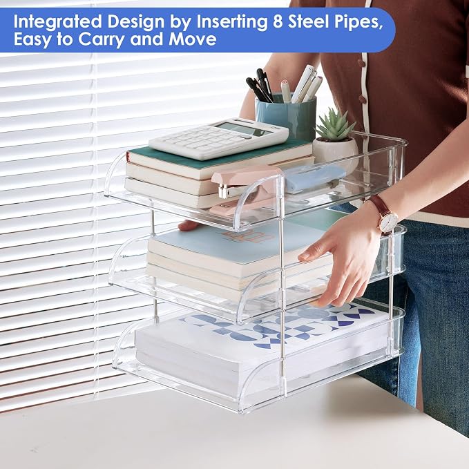 Desk Organizers and Storage, 3 Tier Clear Heightened Stackable Paper Tray Organizer for Document, Letter, A4 File Paper, Desk Accessories, Office Supplies (Clear, 3 Pack)