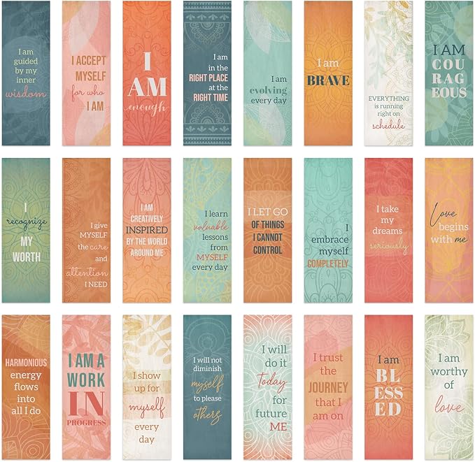 Motivational Bookmarks / 24 Uplifting Quotemarks Bulk Pack / 2" x 6" Paper Bookmark Set / 24 Inspirational Designs/Teen Girl Teacher Classroom Present/Made in The USA