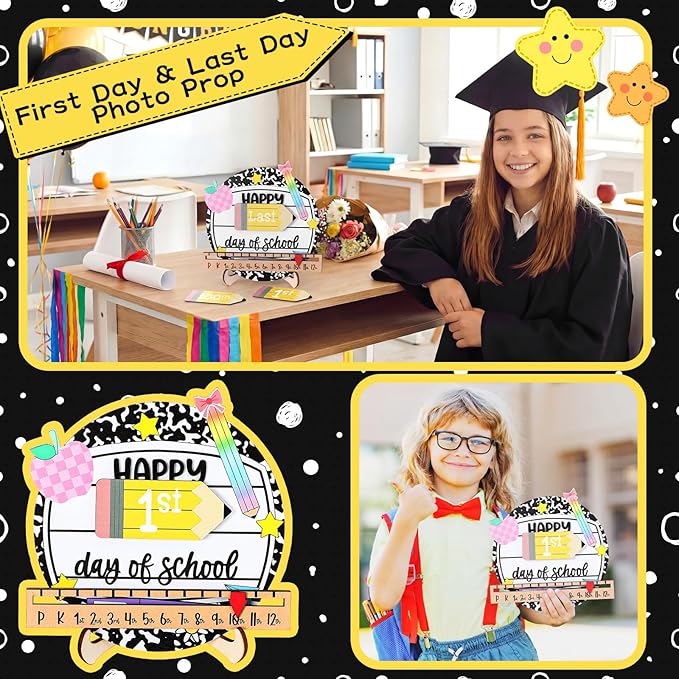 Kosiz First and Last Day of School Sign with Back to School Board Gifts Wooden First Day Sign Reusable Dry Erase 8''(Composition Notebook)