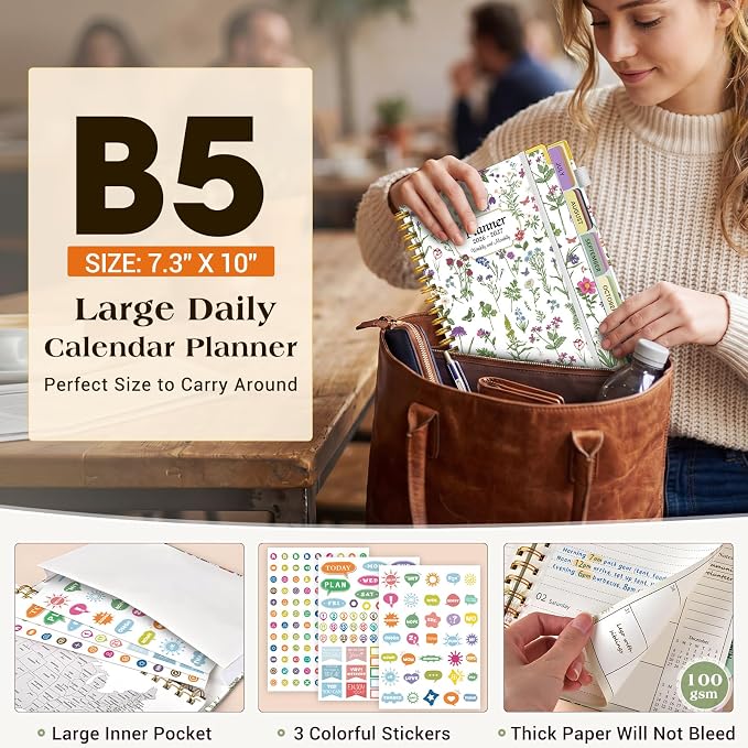 Academic Planner 2026-2027, 18 Months Weekly and Monthly Calendar Planner from July 2026 - December 2027, 7.3" x 10" B5 Large Hardcover Agenda Organizer Book with Tabs, Yearly Daily Planners for School Work Student Teacher, White Spring flower