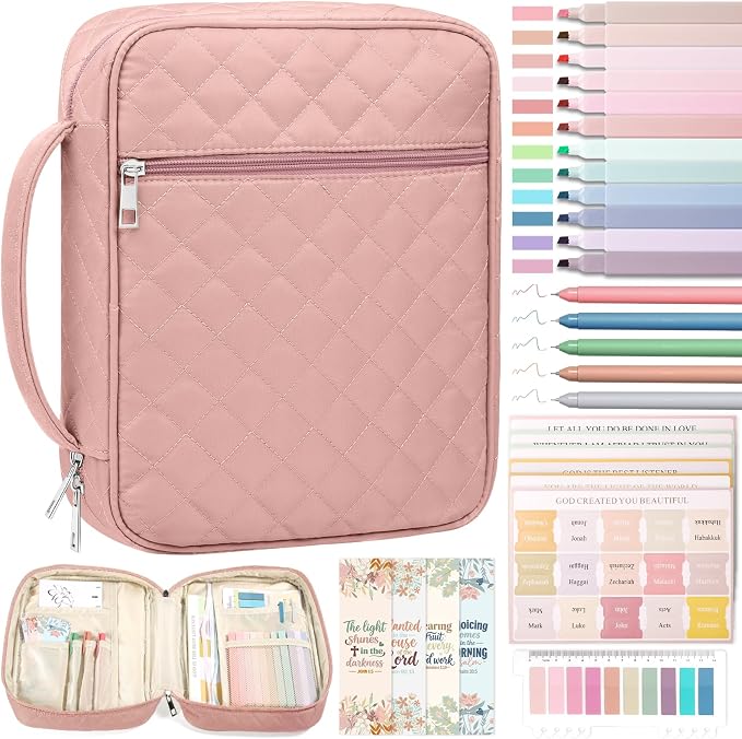 XKDOUS Quilted Bible Cover Case with Bible Study Accessories Kit, Waterproof Large Capacity Bible Bag for Women Men, Portable for Church Study, Multiple Morandi Color Options (Pink)