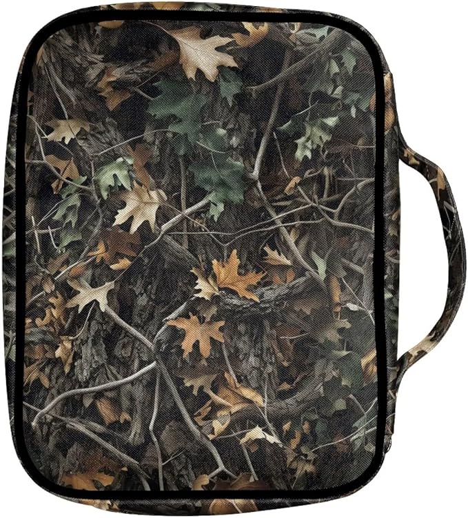 Suobstales Hunting Camo Forest Leaves Print Bible Covers for Women Men Lightweight Bible Bag Bible Accessories with Handle and Zippered Pocket Bible Tote Bag for Kids