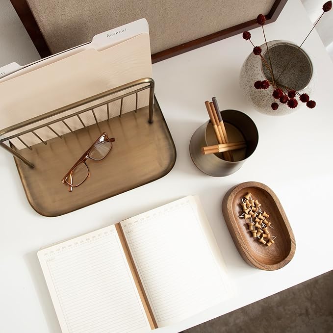 Kate and Laurel Koni Modern Three-Piece Home Office Organization Set; 13 x 8 x 9; Walnut Brown and Antique Brass; Wood and Metal Organizational Set for Office with File Folder Holder