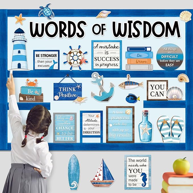 Mooliwe 57 Pcs Nautical Bulletin Board Set Inspirational Ocean Bulletin Board Decoration Positive Cutout Classroom Decoration for School Office Home Teacher Classroom Wall Supplies