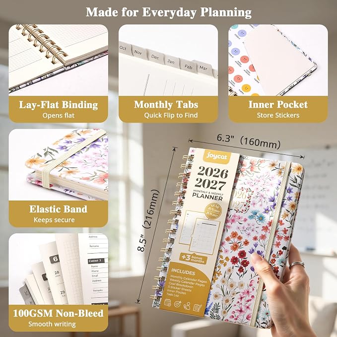 JoyCat Academic Planner 2026-2027, July 2026 - June 2027, A5 Weekly & Monthly Planner, Hardcover Agenda with Tabs, 5 Sticker Sheets, Elastic Closure & Pocket for Teachers & Students, 6.3" x 8.5", Wildflowers