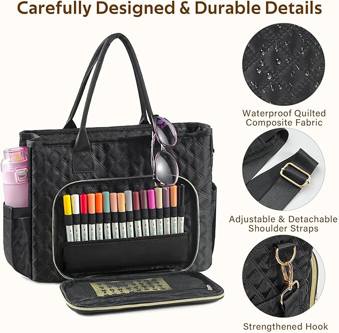 Large Bible Bag with Bible Cover for Women,Church Tote Bag with Shoulder Strap,Waterproof Bible Study Supplies,Bible Accessories for Christian Gift,Quilted Tote Bag for Men/Women,Black