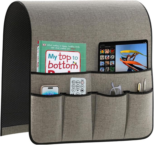 Armrest Organizer Non Slip Remote Control Holder Arm Chair Couch Caddy For Recliner Sofa Bedside With 6 Pocket Storage for Tablet Phone iPad (Lightgrey, W19 x L33)