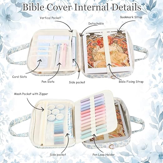 Capoda Bible Cover Case for Women, Bible Tote Bibles Study Supplies with Notebook Highlighters Ballpoint Pen Sticky Notes Scripture Card for Mother's Day Christian Gifts Women Mom Girls(Flower,Blue)