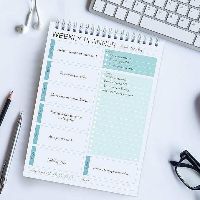 Weekly Planner Notepad,Spiral To Do List Undated Planning Pad, Weekly Organizer for Students, Weekly Agenda for Work & Daily Life, 52 Sheets, 6.5 x 9.8 in (Green)