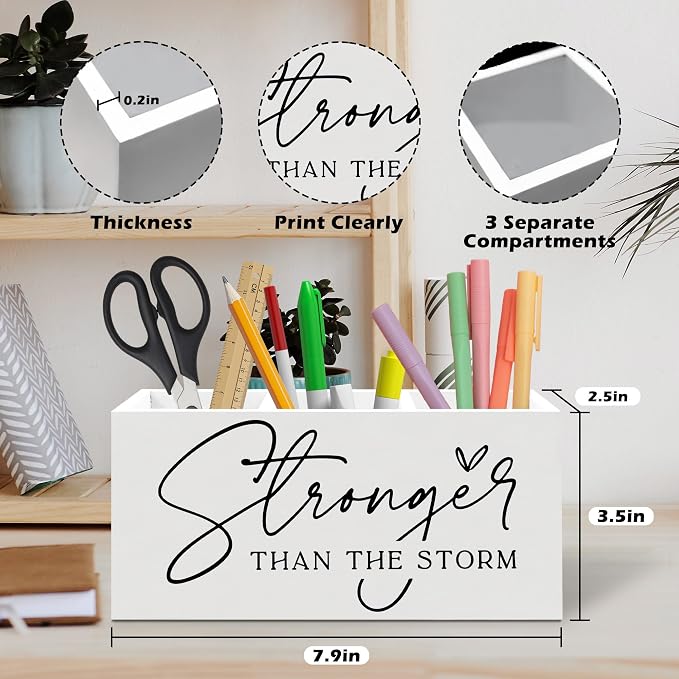 Inspirational Pen Holder, Motivational Office Pen Pencil Holder Organizer for Desk Accessories, Stronger Than the Storm Positive Wooden Box Desk Decor for Home Office Desk Decorations