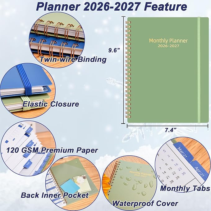2026 Monthly Planner (7.4'' x 9.6''), 18 Months Agenda Planner from Jul 2026-Dec 2027, Calendar Planner 2026-2027 with Tabs & Pocket, 120GSM Paper, Green
