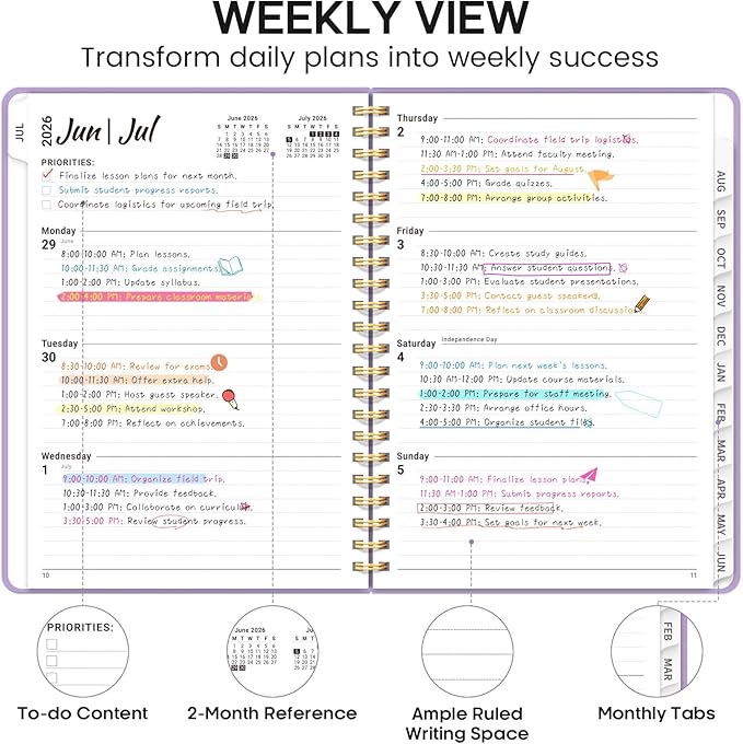 Academic Planner 2026-2027, Weekly and Monthly Calendar Planner Book, July 2026 – June 2027, Hardcover Organizer with Tabs, Perfect for Teachers, Students, Women & Men, A5 (6.4" x 8.5") - Lavender