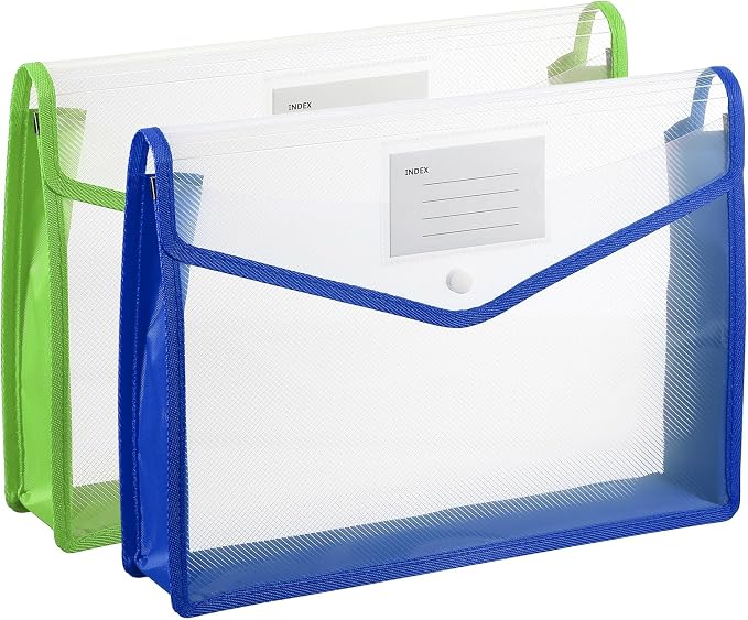 PATIKIL Plastic Expanding File Folders, 2 Pack A4 File Folder Envelopes Letter Size Document Organizer Supplies with Snap Closure for Classroom Office, Blue/Green, Horizontal