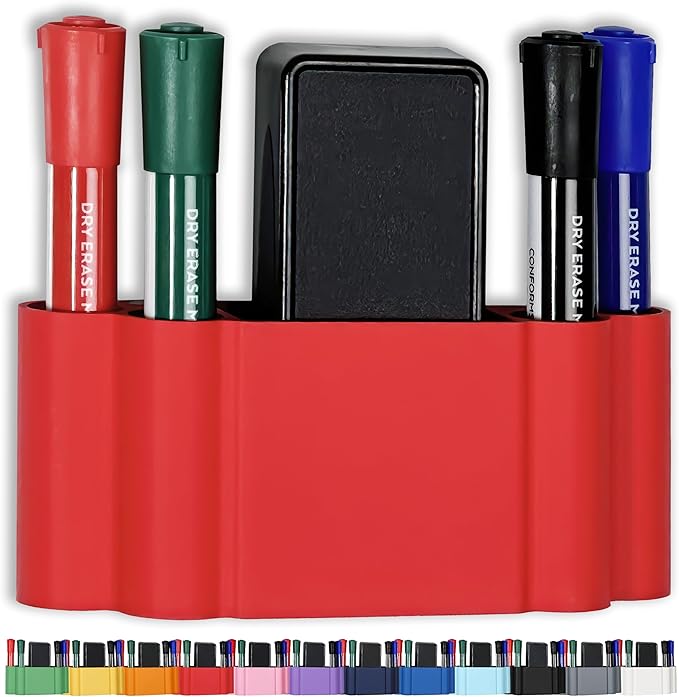 Glassboard Studio Magnetic Dry Erase Marker Holder - Super Strong for Magnetic Glass Whiteboard or Fridge - 2 Large Neodymium Magnets - No Slip Grip - Eco-Friendly PLA Plastic (Cherry Red, KIT)