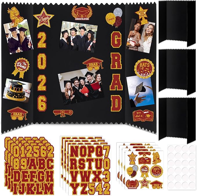 AmazingSpark 4 Sets Graduation Photo Display Board Trifold Poster Board with 12 Graduation Themed Stickers for 2026 Grad Party Decoration Picture Collage Frame Supplies (24 x 16,Red Gold)