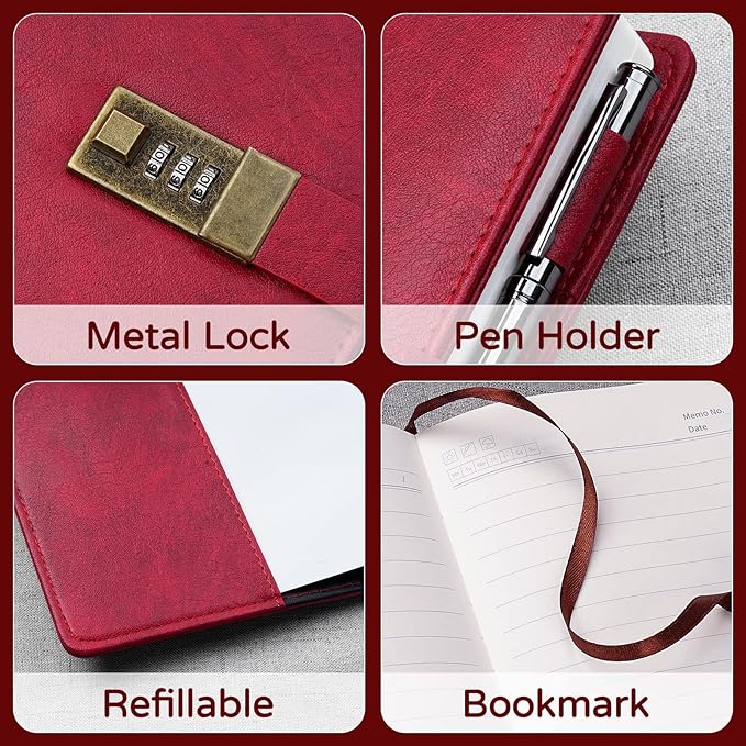 WEMATE Diary with Lock, A5 PU Leather Journal with Lock 240 Pages, Vintage Lock Journal Password Protected Notebook with Pen & Gift Box, Lock Diary Planner Organizer for Men and Women, 8.6x5.8in