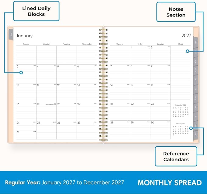 Blue Sky 2027 Weekly and Monthly Planner Calendar, Includes January 2027 - December 2027, 8.5" x 11", Flexible Cover, Wirebound, Laminated Tabs, Storage Pocket, Enterprise Blush Pink