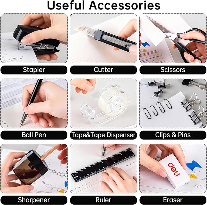 deli Office Supplies Set, 1045 Pcs-Desk Accessory Organizer Kit, Stapler Set, Rotating Multi-Functional Pen Holder, Tape Dispenser, Pens, Binder Clips, Sharpener, Scissor, Eraser, Black