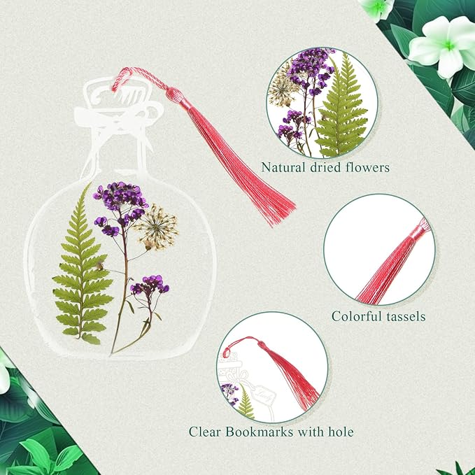 TaoBary 152 Pcs DIY Transparent Dried Flower Bookmark Set Handmade DIY Bookmarks with Dried Pressed Flowers Leaves Butterfly Stickers Colorful Tassels and Tweezers for Reader Writer (Pastel Color)