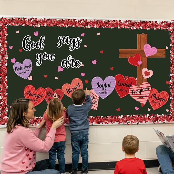 Pasimy Religious Valentine's Day Bulletin Board Set 3D Valentines Christian Classroom Decorations Bible Verse Cross God Says You are Bulletin Board Cutouts for Church Library Sunday School Supplies