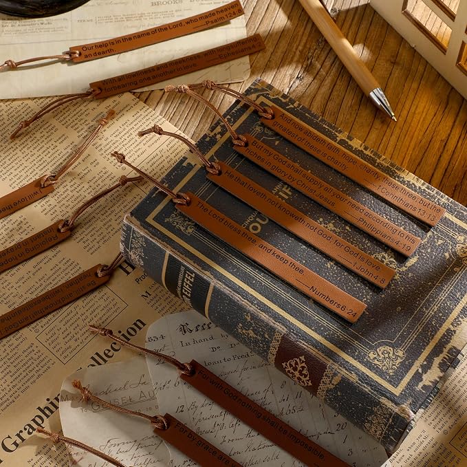 Roowest 20 Pcs Christian Father Day Gifts Bible Bookmark Inspirational Book Markers Religious Gifts for Christian Leather Bookmark Scripture Church Supplies Reading Reward, 20 Styles(Brown)