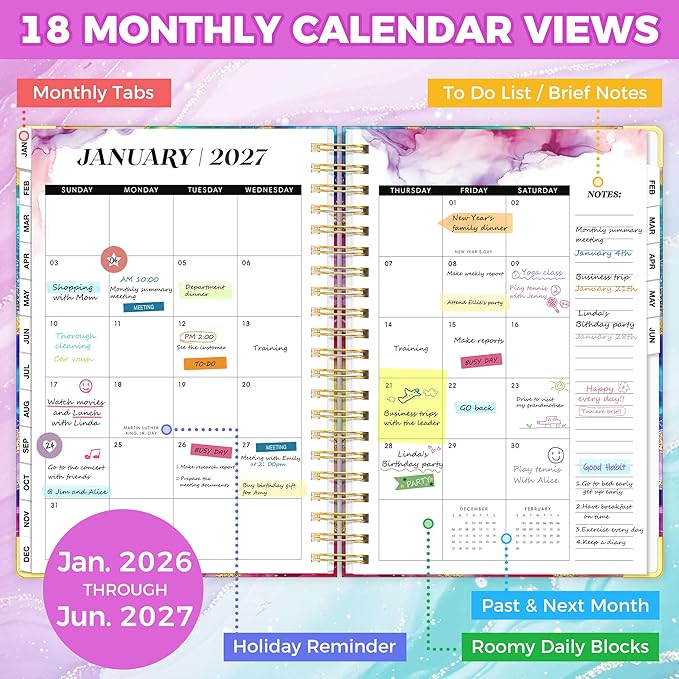 Planner 2026-2027, 18 Month Weekly and Monthly Planner, Jan. 2026 - Jun. 2027, 9" x 11.6" A4 Large Hardcover Calendar Planner with Page Tabs, Separator Page, Inner Pocket, Bookmark, Stickers, Sticky Note Set