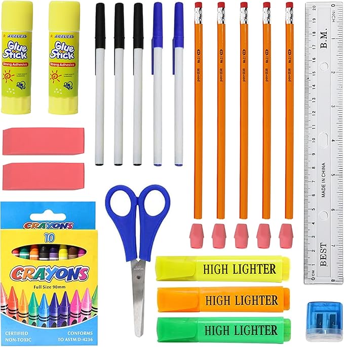36 Piece Bulk School Supplies Kits - Pens, Pencils, Crayons, and More - Value Pack of 48 Kits - Essential Box of School Supplies for Elementary, Middle, and High School Students