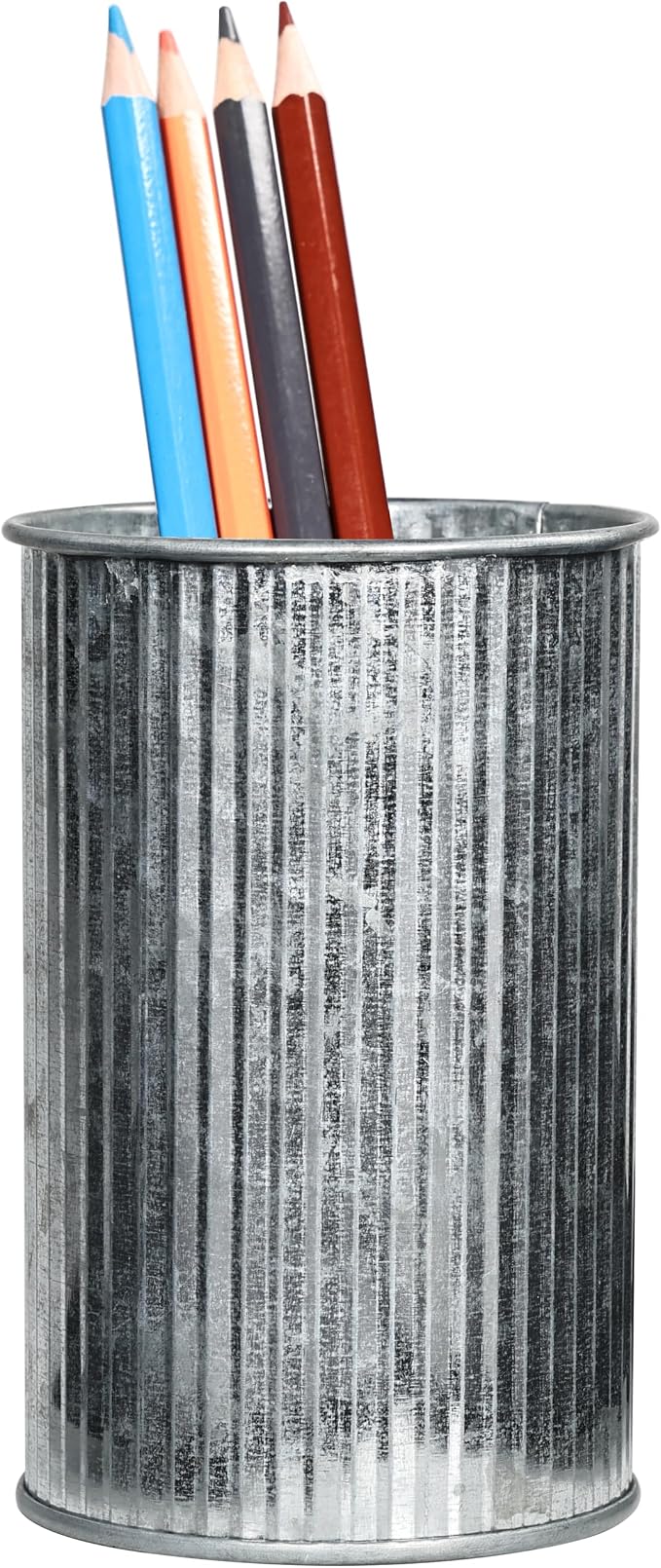 Metal Pen Holder with Vertical Groove Design, Multipurpose Desk Organizer Cup for Pens, Makeup Brushes, Utensils, Straws & Small Vase, Distressed Silver