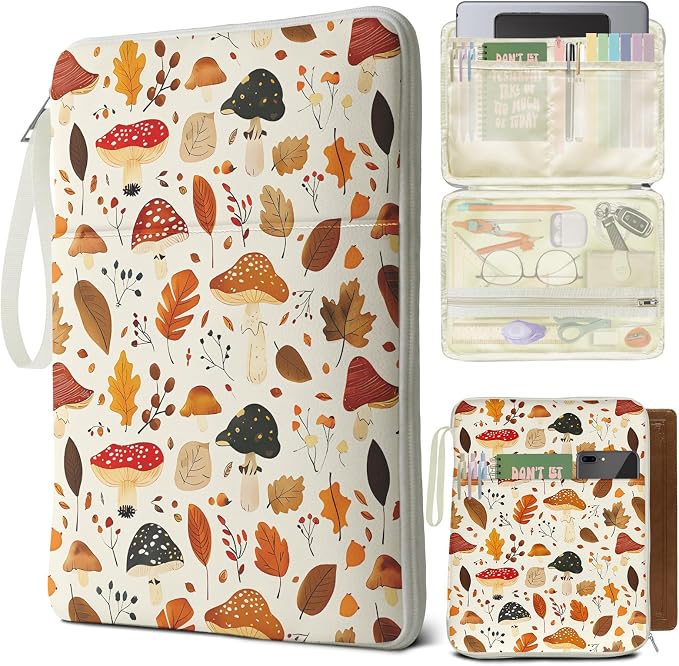 Book Sleeve Book Cover Bag, PU Leather Waterproof Book Pouch, Book Protector Case with Zipper, Fall Autumn Leaf Mushroom Print Portable Book Cover Bag for Book Lovers Gifts Paperbacks Hardcover