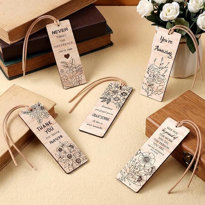 Resurhang 50 Pcs End of Year Classroom Gifts Bulk Wood Inspirational Bookmarks with Floral Encouraging Team Thank You Gift for Women Employee Coworker Paraprofessional Colleagues Teachers