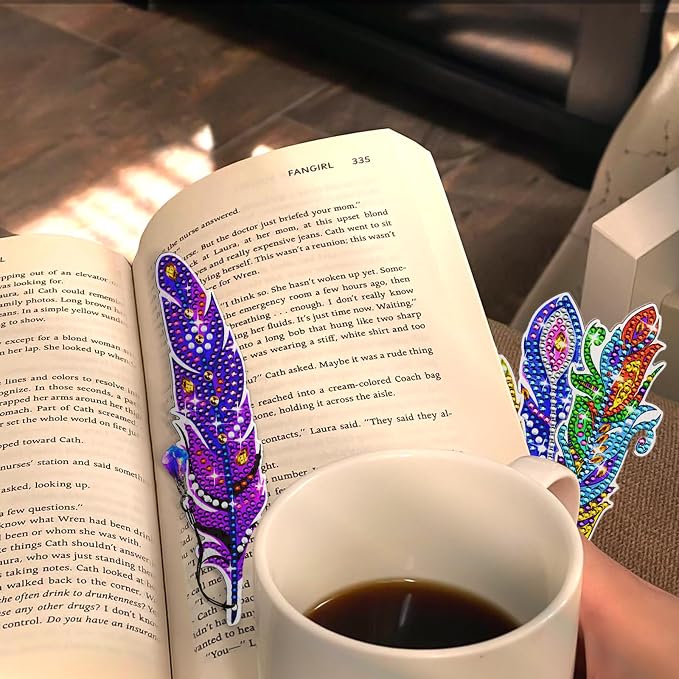 Diamond Art Bookmarks, 6 Pcs Cute Diamond Art Bookmarks for Book Lovers, DIY Feather Bookmark Diamond Art Kits for Kids