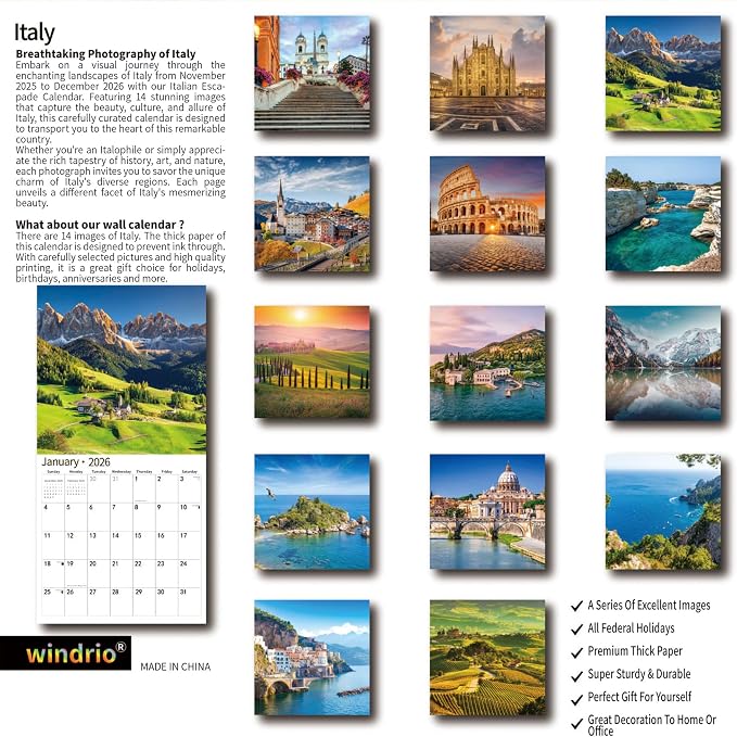 2026 Wall Calendar,Calendar 2026, November 2025 - December 2026, Wall Calendar Italy, 12" x 24" Opened,Full Page Months Thick & Sturdy Paper for Calendar Organizing & Planning