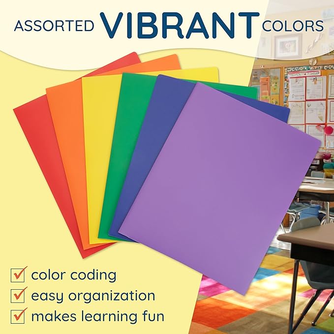 Blue Summit Supplies 12 Pack Multicolor Two Pocket Plastic Folders with Pockets, Heavy Duty Colored 2 Pocket Plastic Folders for School, and Business Card Slot, Home, and Work