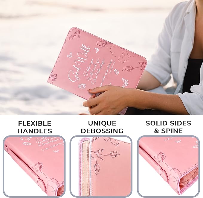 DEHITE Bible Cases for Woman — Leather Bible Covers for Women — Carrying Bag for Woman — Pen Slots — Zippered Pocket — Premium Faux Leather Holder — Christian Floral Accessories
