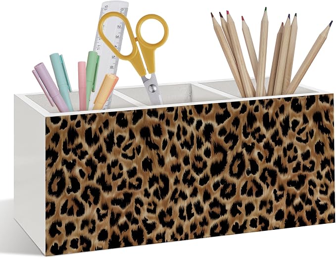 Leopard Print Pen Pencil Holder, Cheetah Print Gifts for Women, Leopard Desk Accessories, Cheetah Wooden Pen Pencil Organizer for Girls Bedroom Dorm Desk Decor