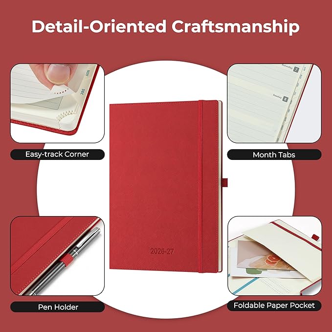 Weekly Monthly 2026-2027 Planner (July 26-Dec 27),11.5"x8.5",18 Months Agenda Plan with Month Tabs & Pocket,Expenses/Note Pages, Academic Calendar with Vegan Leather Cover,Red