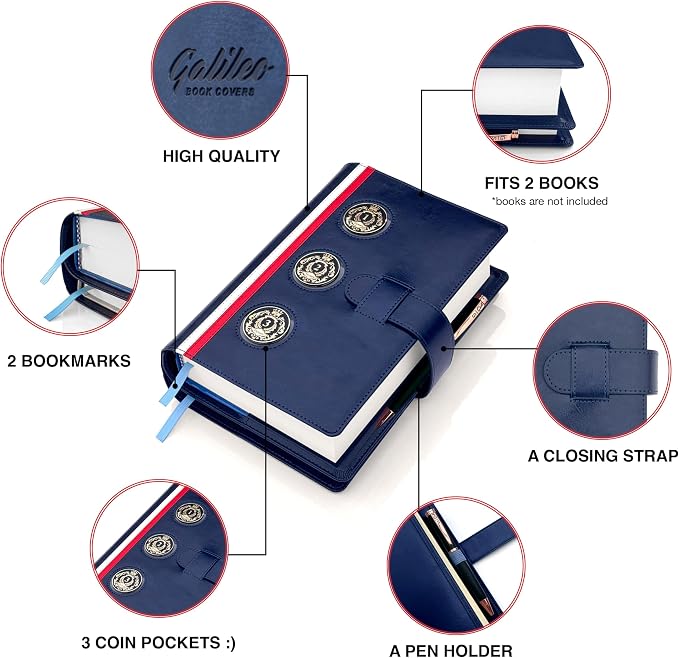 GALILEO® 3-Coin Pocket Double AA Book Cover | Showcase Your Journey | 12 Steps & 12 Traditions | PU Leather Coin Holder | AA Gift | Alcoholics Anonymous (Navy Blue/Stripe/ 3 Medallion Pockets)